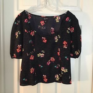 FREE PRESS Crop Top Blouse Square Neck Short Sleeves Black Print  S…